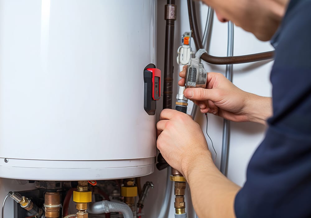 Technician repairing pipes connected to a water heater in Lemon Grove